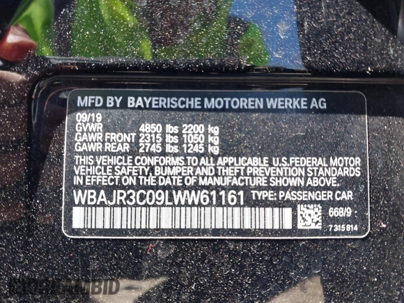 2020 BMW 5 Series 530i with VIN WBAJR3C09LWW61161, listed as a IAAI auction lot 41780958 with 62,277 mi miles and . Bid and sale history available at DreamBid. Image 9.