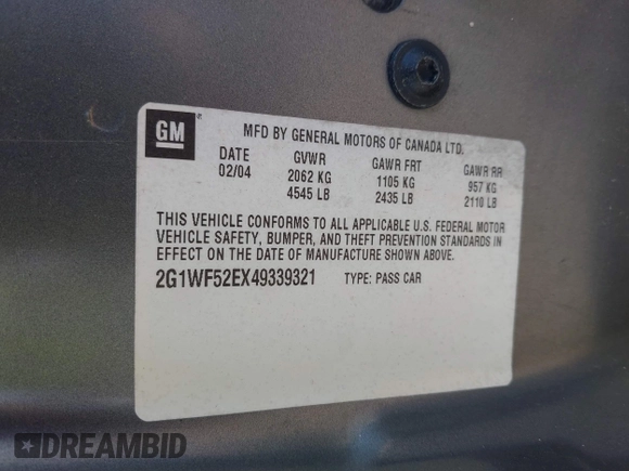 2004 Chevrolet Impala z VIN 2G1WF52EX49339321, wystawiony jako IAAI lot #42124064 z przebiegiem 198 908 mil mil oraz . Historia ofert i sprzedaży dostępna na DreamBid. Obrazek 9.