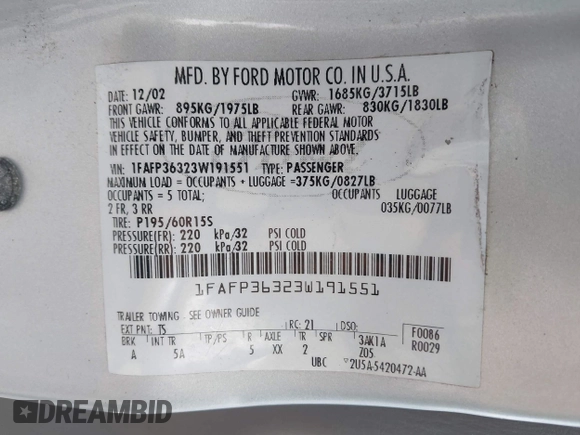 2003 Ford Focus SE Fleet z VIN 1FAFP36323W191551, wystawiony jako IAAI lot #42498013 z przebiegiem 142 724 mil mil oraz . Historia ofert i sprzedaży dostępna na DreamBid. Obrazek 9.