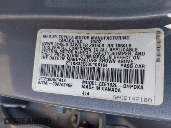 2003 Toyota Matrix Std with VIN 2T1KR32E63C106164, listed as a IAAI auction lot 42224488 with 265,020 mi miles and . Bid and sale history available at DreamBid. Image 9.