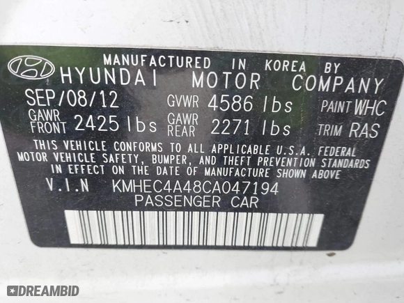 2012 Hyundai Sonata Hybrid with VIN KMHEC4A48CA047194, listed as a IAAI auction lot 41762584 with 177,478 mi miles. Bid and sale history available at carsss.com. Image 9.