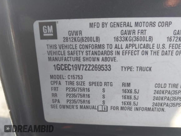 2002 Chevrolet Silverado 1500 LS with VIN 1GCEC19V72Z269533, listed as a IAAI auction lot 41495089 with 261,180 mi miles and . Bid and sale history available at DreamBid. Image 9.