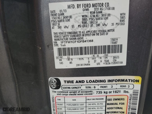 2013 Ford F-150 XL with VIN 1FTFW1CF1DFB41368, listed as a Copart auction lot 80332584 with 203,824 mi miles and Salvage Title. Bid and sale history available at carsss.com. Image 12.