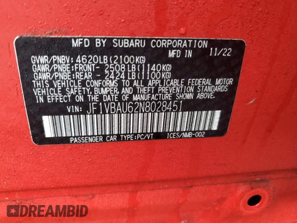 2022 Subaru WRX GT с VIN JF1VBAU62N8028451, выставлен на аукционе Copart как лот 84314494 с пробегом 23 897 миль миль и Списание • Salvage title. История ставок и продаж доступна на DreamBid. Изображение 14.
