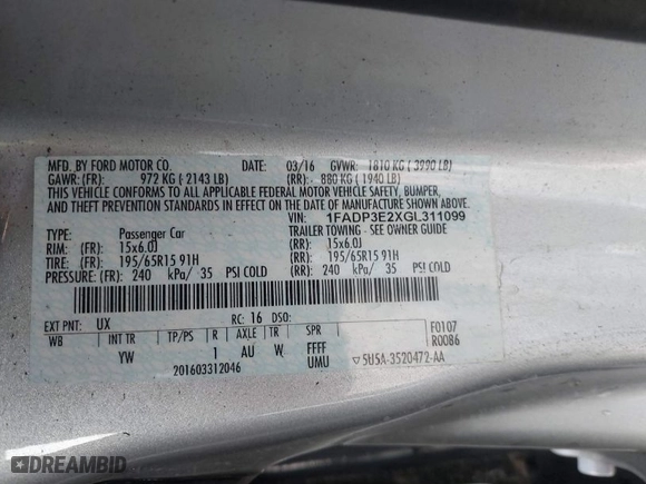 2016 Ford Focus S with VIN 1FADP3E2XGL311099, listed as a IAAI auction lot 41855282 with 196,444 mi miles. Bid and sale history available at carsss.com. Image 9.