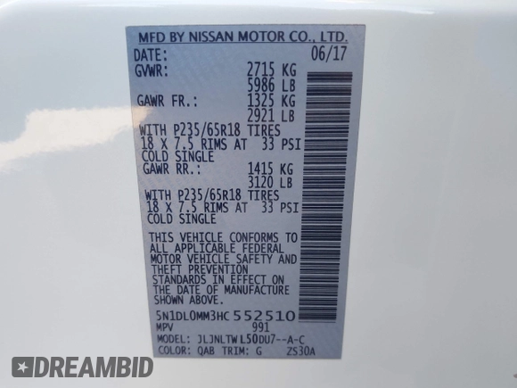 2017 Infiniti QX60 with VIN 5N1DL0MM3HC552510, listed as a IAAI auction lot 41744683 with 94,870 mi miles and . Bid and sale history available at DreamBid. Image 9.