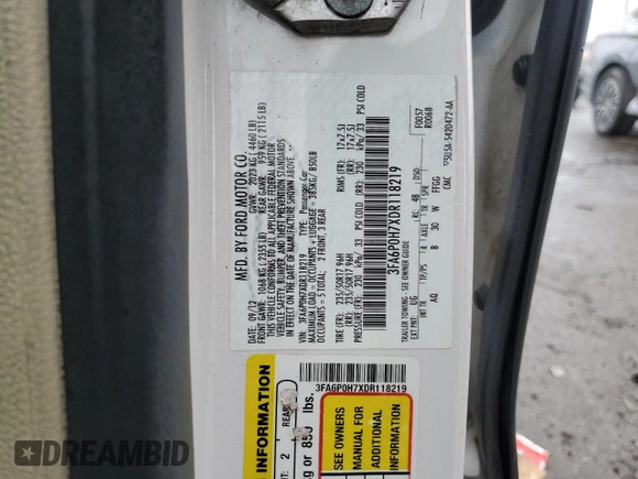 2013 Ford Fusion SE with VIN 3FA6P0H7XDR118219, listed as a Copart auction lot 59205135 with 101,575 mi miles and Salvage title. Bid and sale history available at DreamBid. Image 12.