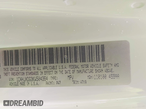 2019 Jeep Wrangler Unlimited Sport S with VIN 1C4HJXDG3KW504364, listed as a IAAI auction lot 42350748 with 109,524 mi miles and . Bid and sale history available at DreamBid. Image 9.