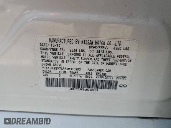 2018 Infiniti Q50 Luxe with VIN JN1EV7AP8JM360903, listed as a Copart auction lot 52726765 with 118,107 mi miles and Salvage Title. Bid and sale history available at DreamBid. Image 12.