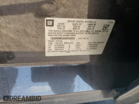 2016 Chevrolet Tahoe LT with VIN 1GNSKBKC8GR438834, listed as a Copart auction lot 57151045 with 129,234 mi miles and Salvage title. Bid and sale history available at DreamBid. Image 13.