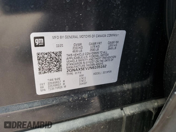 2022 Chevrolet Equinox LS with VIN 2GNAX5EV2N6105162, listed as a Copart auction lot 55537515 with 66,294 mi miles and Salvage title. Bid and sale history available at DreamBid. Image 13.