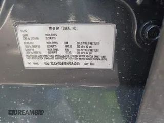 2022 Tesla Model Y Long Range with VIN 7SAYGDEE5NF534259, listed as a IAAI auction lot 41860246 with 24,513 mi miles and . Bid and sale history available at carsss.com. Image 9.