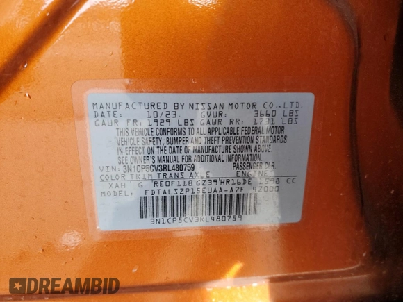 2024 Nissan Kicks SV with VIN 3N1CP5CV3RL480759, listed as a Copart auction lot 50064435 with 16,260 mi miles and Salvage Title. Bid and sale history available at DreamBid. Image 14.