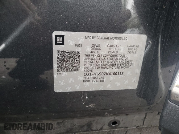 2019 Chevrolet Bolt EV LT with VIN 1G1FY6S07K4100118, listed as a Copart auction lot 72833882 with 100,980 mi miles. Bid and sale history available at carsss.com. Image 13.