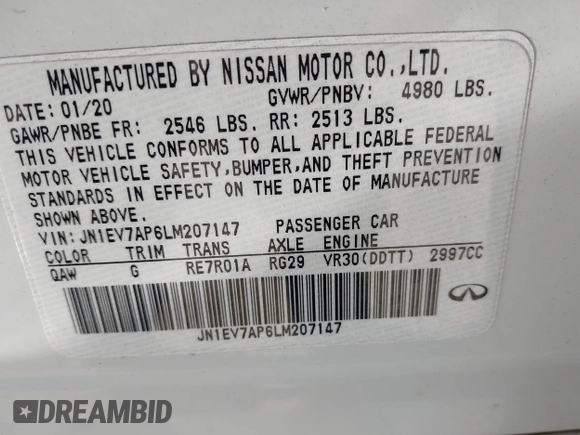 2020 Infiniti Q50 Pure with VIN JN1EV7AP6LM207147, listed as a IAAI auction lot 41793447 with 78,580 mi miles and . Bid and sale history available at carsss.com. Image 9.
