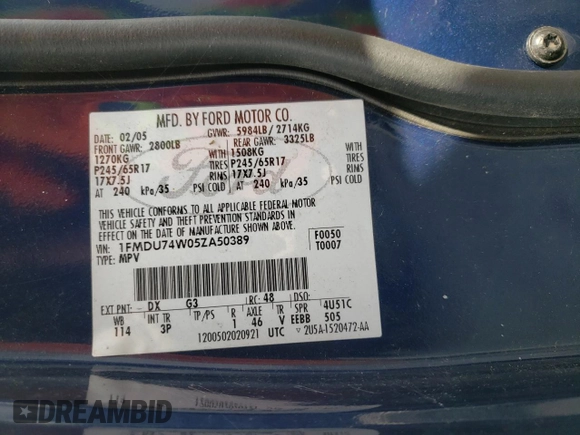 2005 Ford Explorer Eddie Bauer с VIN 1FMDU74W05ZA50389, выставлен на аукционе Copart как лот 54037414 с пробегом 226 149 миль миль и Списание • Salvage title. История ставок и продаж доступна на DreamBid. Изображение 14.