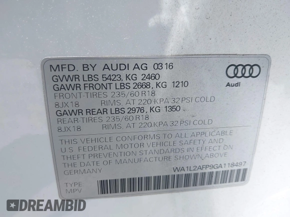 2016 Audi Q5 Premium Plus with VIN WA1L2AFP9GA118497, listed as a IAAI auction lot 42504138 with 155,419 mi miles and . Bid and sale history available at DreamBid. Image 9.