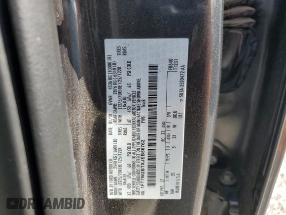 2018 Ford F-250 XL with VIN 1FT7W2BTXJEB56762, listed as a Copart auction lot 57574565 with 72,479 mi miles and Salvage title. Bid and sale history available at DreamBid. Image 12.