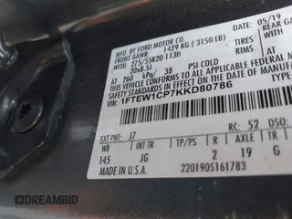 2019 Ford F-150 XL with VIN 1FTEW1CP7KKD80786, listed as a IAAI auction lot 41117065 with 142,011 mi miles and . Bid and sale history available at DreamBid. Image 9.
