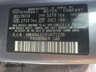 2015 Hyundai Genesis 3.8L with VIN KMHGN4JE0FU071228, listed as a Copart auction lot 52076305 with 34,557 mi miles and Salvage Title. Bid and sale history available at DreamBid. Image 12.