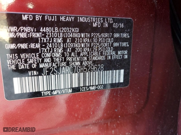 2016 Subaru Forester 2.5i Limited with VIN JF2SJARC7GH529628, listed as a Copart auction lot 47393095 with 0 mi miles and Salvage Title. Bid and sale history available at carsss.com. Image 13.