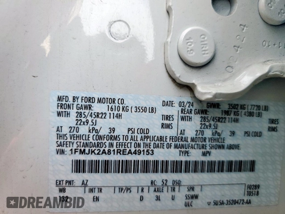 2024 Ford Expedition Max Limited with VIN 1FMJK2A81REA49153, listed as a Copart auction lot 57095595 with Not provided miles and Salvage title. Bid and sale history available at DreamBid. Image 13.