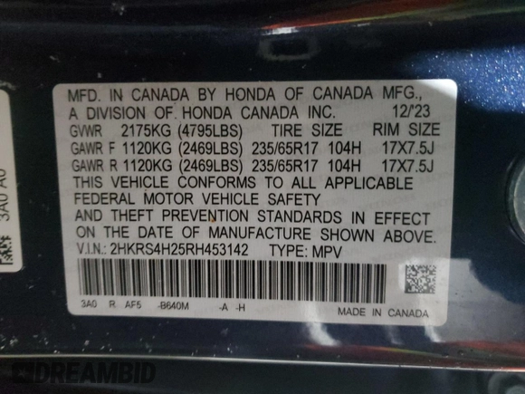 2024 Honda CR-V LX with VIN 2HKRS4H25RH453142, listed as a Copart auction lot 86072404 with 11,670 mi miles and Salvage Title. Bid and sale history available at DreamBid. Image 13.