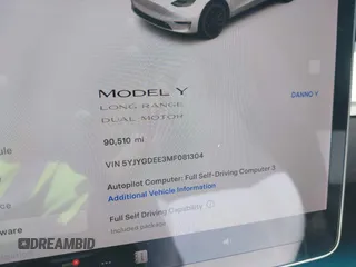 2021 Tesla Model Y Long Range with VIN 5YJYGDEE3MF081304, listed as a IAAI auction lot 41706240 with 90,510 mi miles and . Bid and sale history available at DreamBid. Image 15.