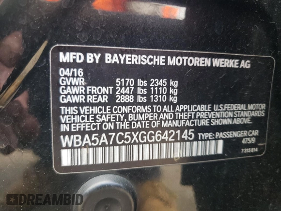 2016 BMW 5 Series 528i xDrive with VIN WBA5A7C5XGG642145, listed as a Copart auction lot 58840015 with 136,793 mi miles and Salvage title. Bid and sale history available at DreamBid. Image 12.