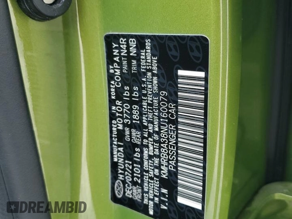 2022 Hyundai Venue SE z VIN KMHRB8A38NU160079, wystawiony jako Copart lot #57502495 z przebiegiem 34 094 mil mil oraz Szkoda całkowita • Salvage title. Historia ofert i sprzedaży dostępna na DreamBid. Obrazek 12.