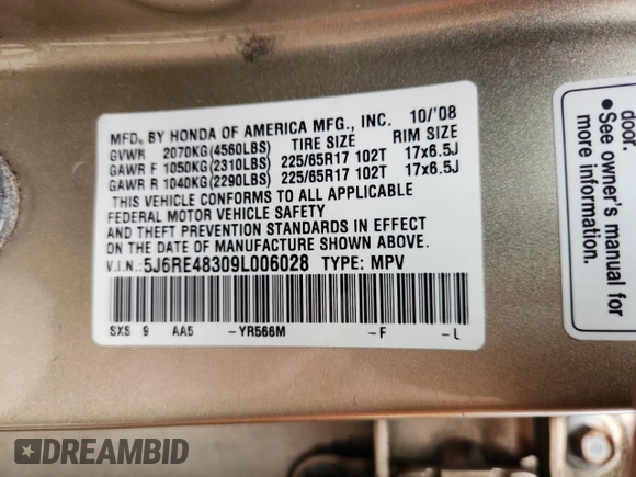 2009 Honda CR-V LX z VIN 5J6RE48309L006028, wystawiony jako Copart lot #58186465 z przebiegiem 214 896 mil mil oraz Szkoda całkowita • Salvage title. Historia ofert i sprzedaży dostępna na DreamBid. Obrazek 14.