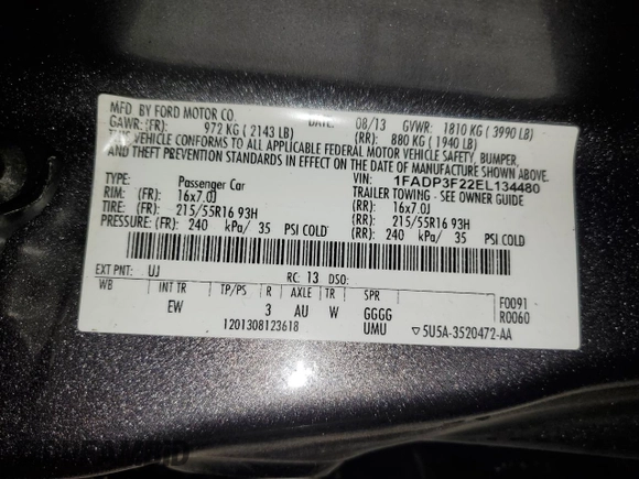 2014 Ford Focus SE with VIN 1FADP3F22EL134480, listed as a Copart auction lot 53959235 with 129,960 mi miles and Clean Title. Bid and sale history available at carsss.com. Image 12.