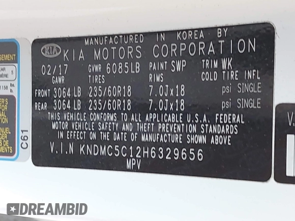 2017 Kia Sedona SX with VIN KNDMC5C12H6329656, listed as a IAAI auction lot 41980895 with 111,318 mi miles. Bid and sale history available at carsss.com. Image 9.