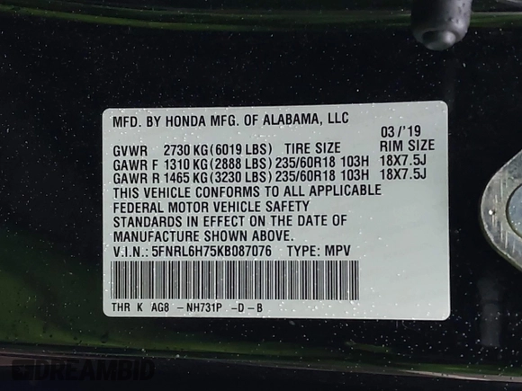 2019 Honda Odyssey EX-L with VIN 5FNRL6H75KB087076, listed as a IAAI auction lot 41542194 with 136,491 mi miles. Bid and sale history available at carsss.com. Image 9.