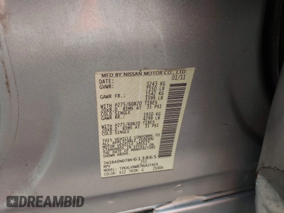 2011 Nissan Armada SV with VIN 5N1BA0ND7BN613865, listed as a IAAI auction lot 42160887 with 225,294 mi miles and . Bid and sale history available at DreamBid. Image 9.