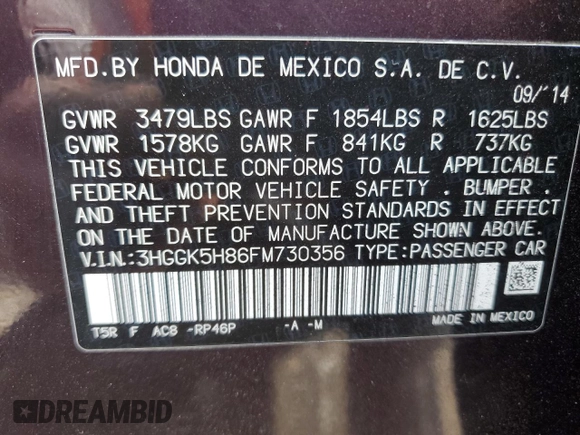 2015 Honda Fit EX-L with VIN 3HGGK5H86FM730356, listed as a Copart auction lot 55762815 with 37,141 mi miles and Salvage title. Bid and sale history available at DreamBid. Image 12.