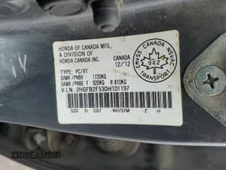 2013 Honda Civic LX z VIN 2HGFB2F53DH101197, wystawiony jako Copart lot #57496665 z przebiegiem 167 450 mil mil oraz Szkoda całkowita • Salvage title. Historia ofert i sprzedaży dostępna na DreamBid. Obrazek 13.