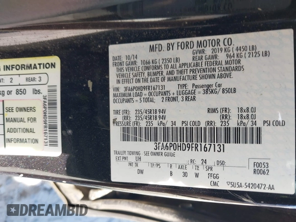 2015 Ford Fusion SE with VIN 3FA6P0HD9FR167131, listed as a IAAI auction lot 41619300 with 88,159 mi miles and . Bid and sale history available at DreamBid. Image 9.