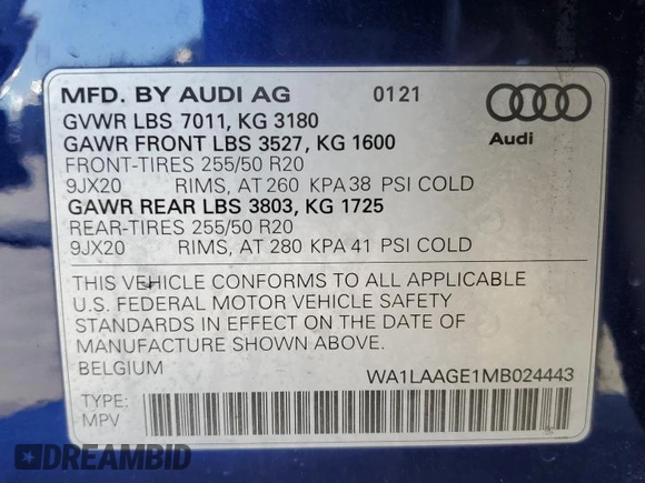 2021 Audi e-tron Premium Plus with VIN WA1LAAGE1MB024443, listed as a Copart auction lot 42333015 with 43,977 mi miles and Salvage title. Bid and sale history available at DreamBid. Image 13.