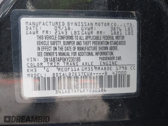 2019 Nissan Sentra SR with VIN 3N1AB7AP6KY230186, listed as a IAAI auction lot 41524002 with 93,956 mi miles and . Bid and sale history available at DreamBid. Image 9.
