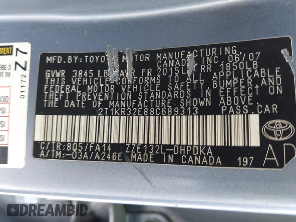 2008 Toyota Matrix STD with VIN 2T1KR32E88C689313, listed as a IAAI auction lot 42114628 with 163,656 mi miles and . Bid and sale history available at DreamBid. Image 9.