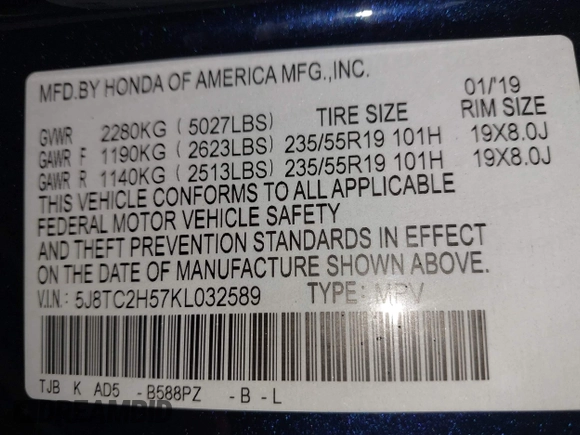 2019 Acura RDX Technology with VIN 5J8TC2H57KL032589, listed as a IAAI auction lot 42458684 with 53,372 mi miles and . Bid and sale history available at DreamBid. Image 7.
