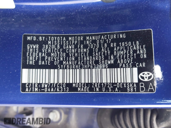 2017 Toyota Corolla L with VIN 5YFBURHE3HP632686, listed as a IAAI auction lot 42355095 with 122,139 mi miles and . Bid and sale history available at DreamBid. Image 9.
