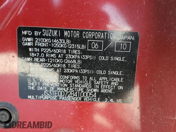 2011 Suzuki Grand Vitara Limited z VIN JS3TE0D72B4100054, wystawiony jako Copart lot #52535705 z przebiegiem 131 468 mil mil oraz Szkoda całkowita • Salvage title. Historia ofert i sprzedaży dostępna na DreamBid. Obrazek 13.