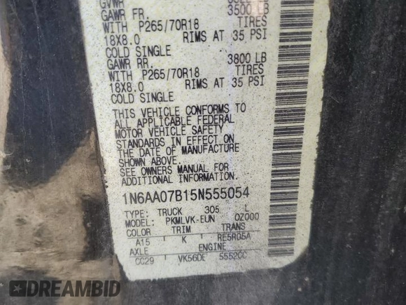 2005 Nissan Titan LE with VIN 1N6AA07B15N555054, listed as a Copart auction lot 42713855 with 213,169 mi miles and Salvage Title. Bid and sale history available at carsss.com. Image 12.