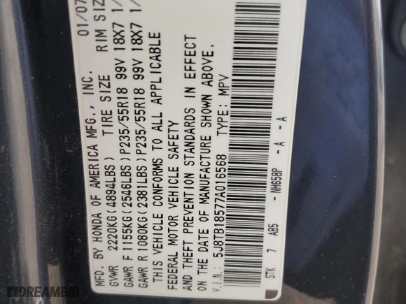 2007 Acura RDX Tech Pkg with VIN 5J8TB18577A016568, listed as a Copart auction lot 53082595 with 140,957 mi miles and Salvage Title. Bid and sale history available at carsss.com. Image 15.