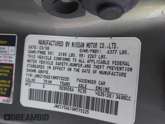 2006 Infiniti G35 with VIN JNKCV54E16M715225, listed as a IAAI auction lot 41359174 with 174,288 mi miles. Bid and sale history available at carsss.com. Image 9.