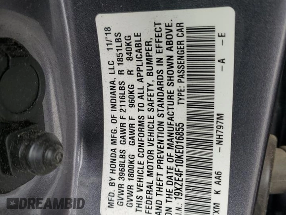 2019 Honda Insight LX with VIN 19XZE4F10KE016855, listed as a Copart auction lot 53174855 with 88,073 mi miles and Salvage Title. Bid and sale history available at carsss.com. Image 12.