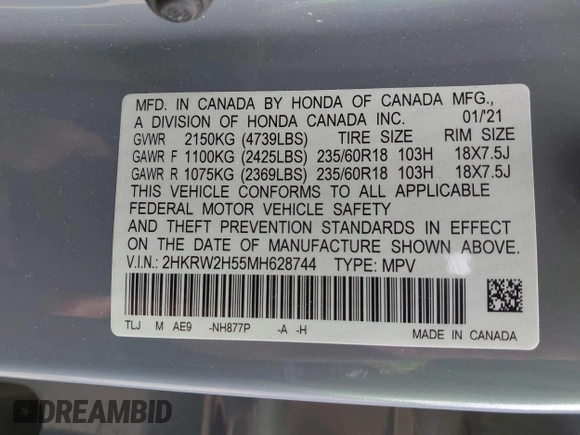 2021 Honda CR-V EX with VIN 2HKRW2H55MH628744, listed as a IAAI auction lot 42257771 with 34,369 mi miles and . Bid and sale history available at DreamBid. Image 9.