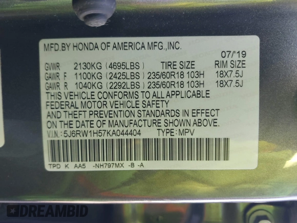 2019 Honda CR-V EX with VIN 5J6RW1H57KA044404, listed as a IAAI auction lot 41329013 with 45,923 mi miles. Bid and sale history available at carsss.com. Image 9.